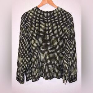 VINTAGE Ann May Black/Green Long Sleeve 100% Silk Blouse